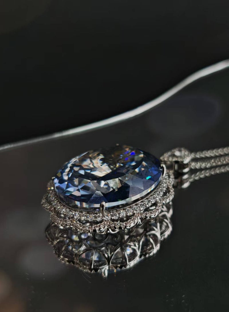 Coisinlia Luxury Blue Moissanite Pendant Necklace, Sterling Silver Chain, Scalloped CZ Halo Design - Image 3