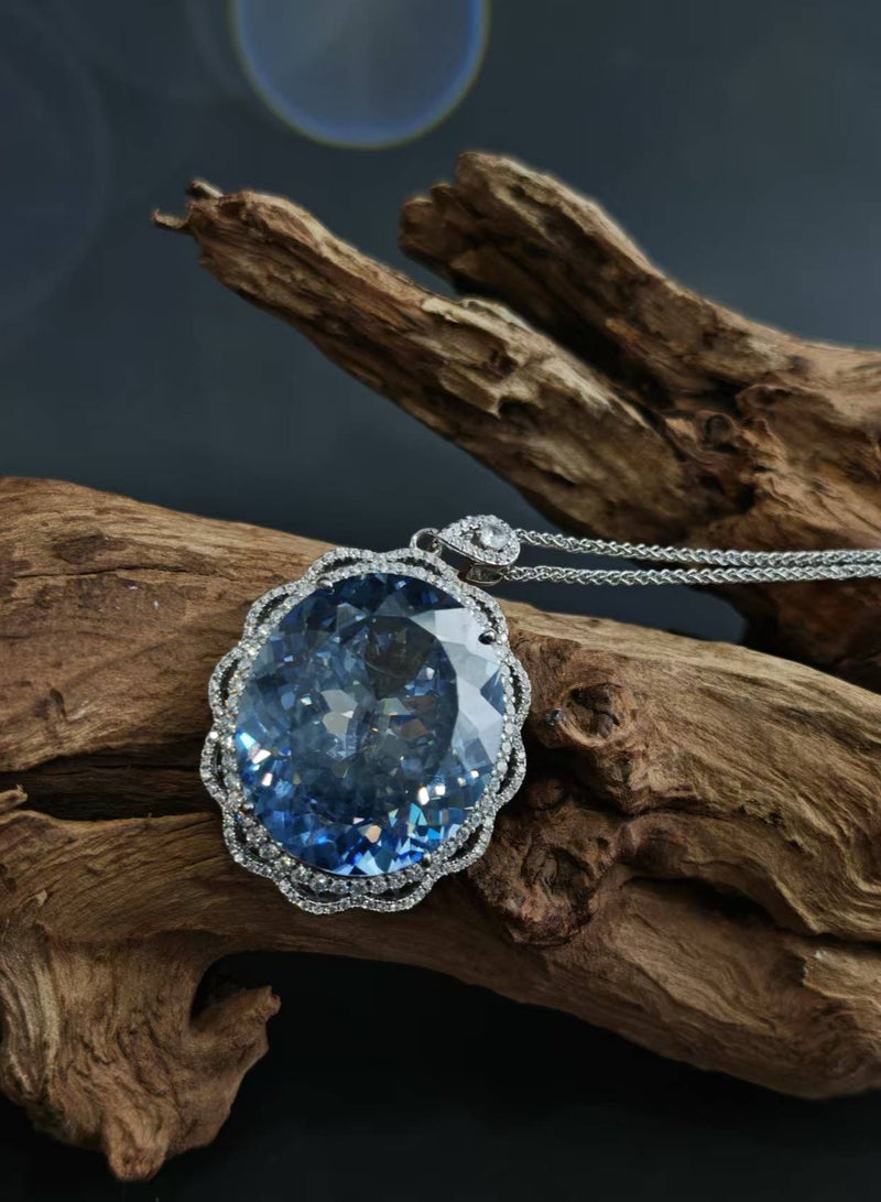 Coisinlia Luxury Blue Moissanite Pendant Necklace, Sterling Silver Chain, Scalloped CZ Halo Design - Image 2