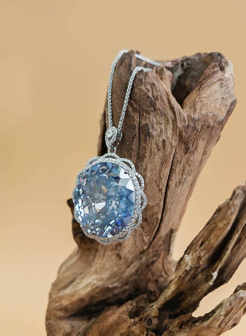 Coisinlia Luxury Blue Moissanite Pendant Necklace, Sterling Silver Chain, Scalloped CZ Halo Design - Image 1
