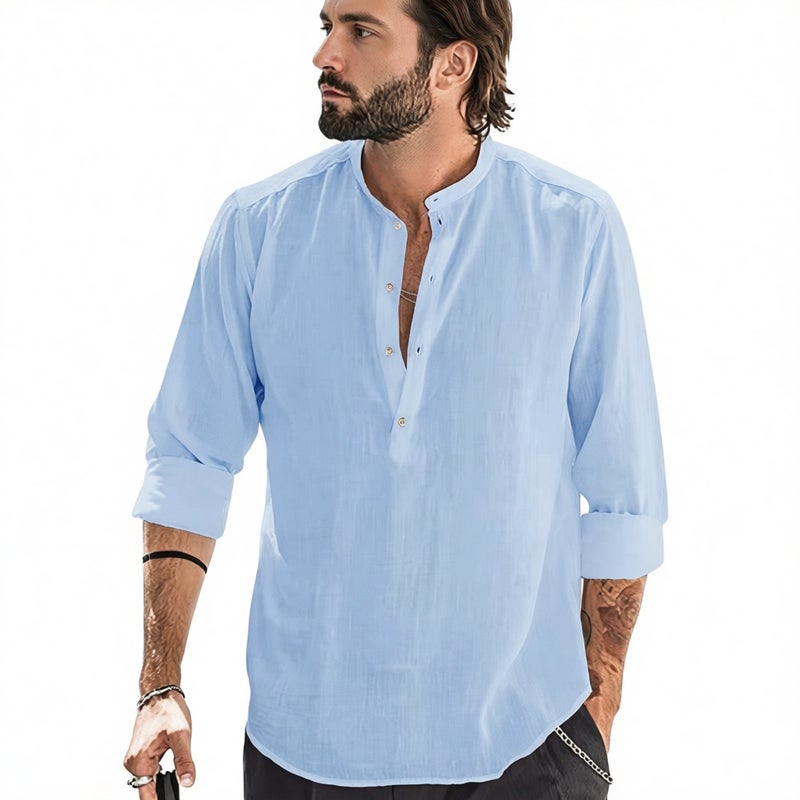 Men's Casual Loose Fit Linen Cotton Long Sleeve Stand Collar Shirt - Image 5