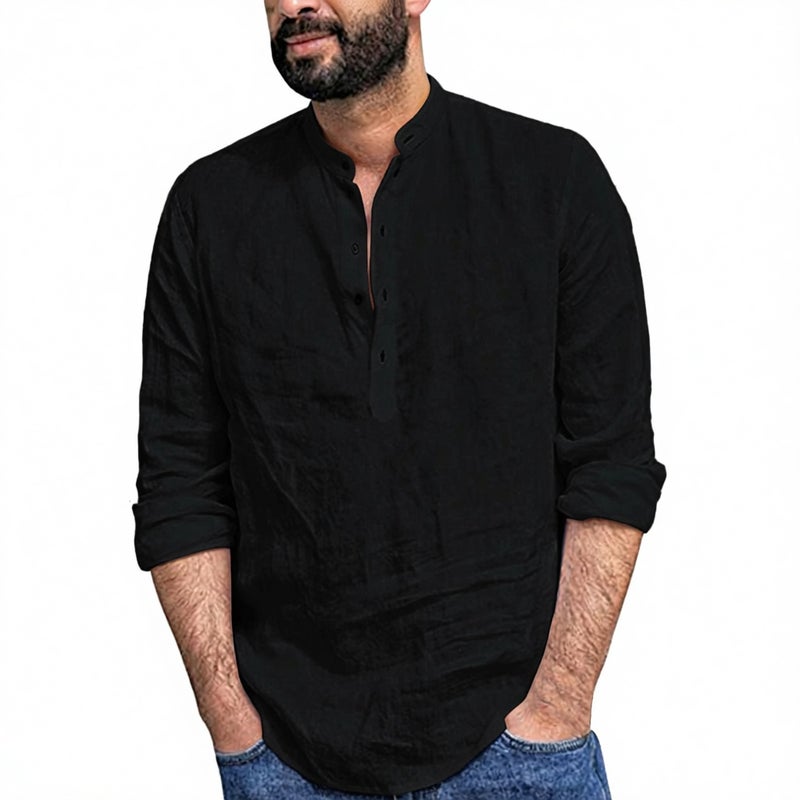 Men's Casual Loose Fit Linen Cotton Long Sleeve Stand Collar Shirt - Image 4