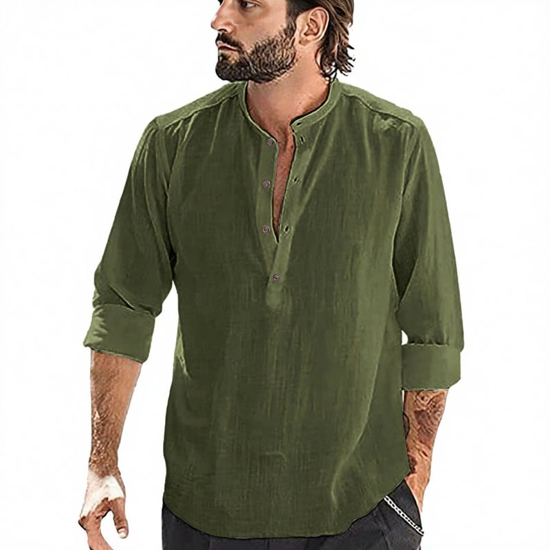 Men's Casual Loose Fit Linen Cotton Long Sleeve Stand Collar Shirt - Image 2