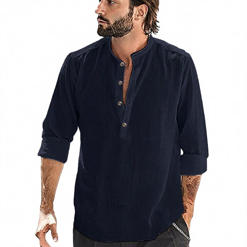 Men's Casual Loose Fit Linen Cotton Long Sleeve Stand Collar Shirt - Image 3