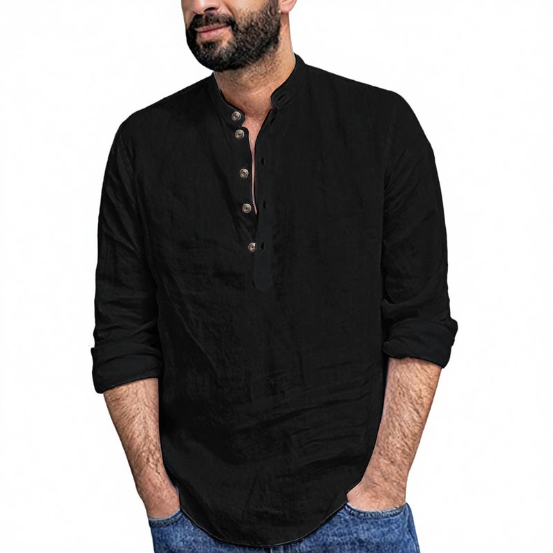 Men's Casual Loose Fit Linen Cotton Long Sleeve Stand Collar Shirt - Image 1
