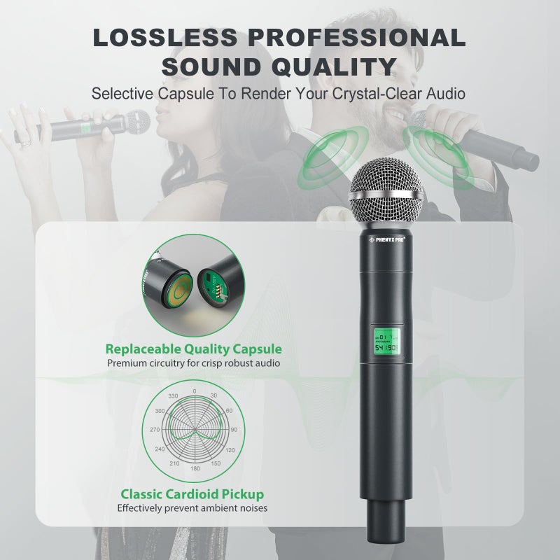 Phenyx Pro نظام ميكروفون لاسلكي فينيكس برو، ميكروفون لاسلكي UHF 4 قنوات، ميكروفون لاسلكي معدني بتردد ثابت مع 4 ميكروفونات ديناميكية محمولة، مدى 260 قدم، ميكروفونات للغناء، كنيسة (PTU-5000-4H) - Image 2