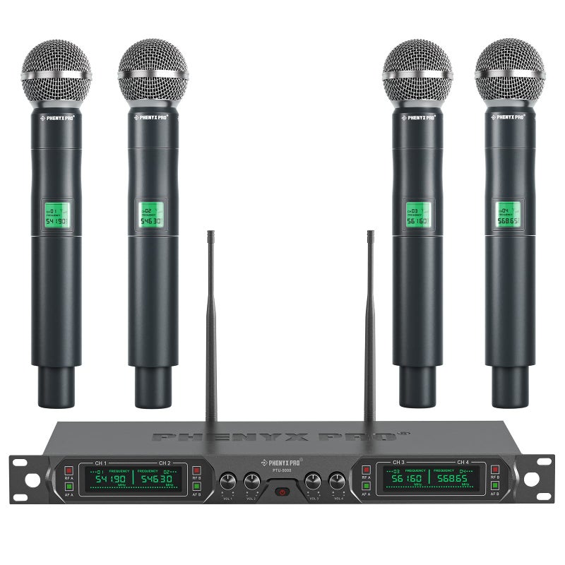 Phenyx Pro نظام ميكروفون لاسلكي فينيكس برو، ميكروفون لاسلكي UHF 4 قنوات، ميكروفون لاسلكي معدني بتردد ثابت مع 4 ميكروفونات ديناميكية محمولة، مدى 260 قدم، ميكروفونات للغناء، كنيسة (PTU-5000-4H) - Image 1