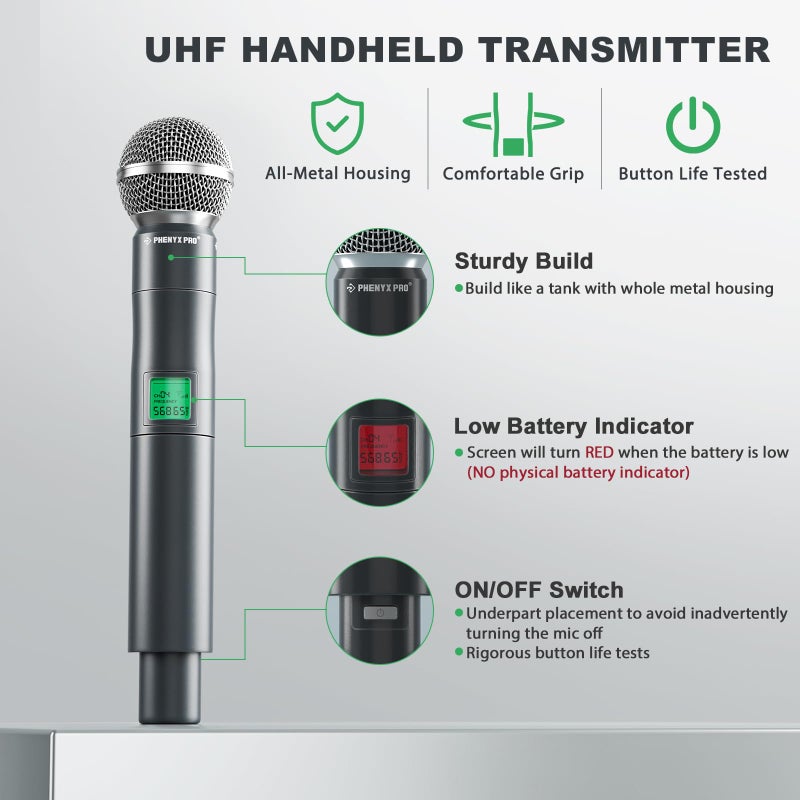 Phenyx Pro نظام ميكروفون لاسلكي فينيكس برو، ميكروفون لاسلكي UHF 4 قنوات، ميكروفون لاسلكي معدني بتردد ثابت مع 4 ميكروفونات ديناميكية محمولة، مدى 260 قدم، ميكروفونات للغناء، كنيسة (PTU-5000-4H) - Image 3