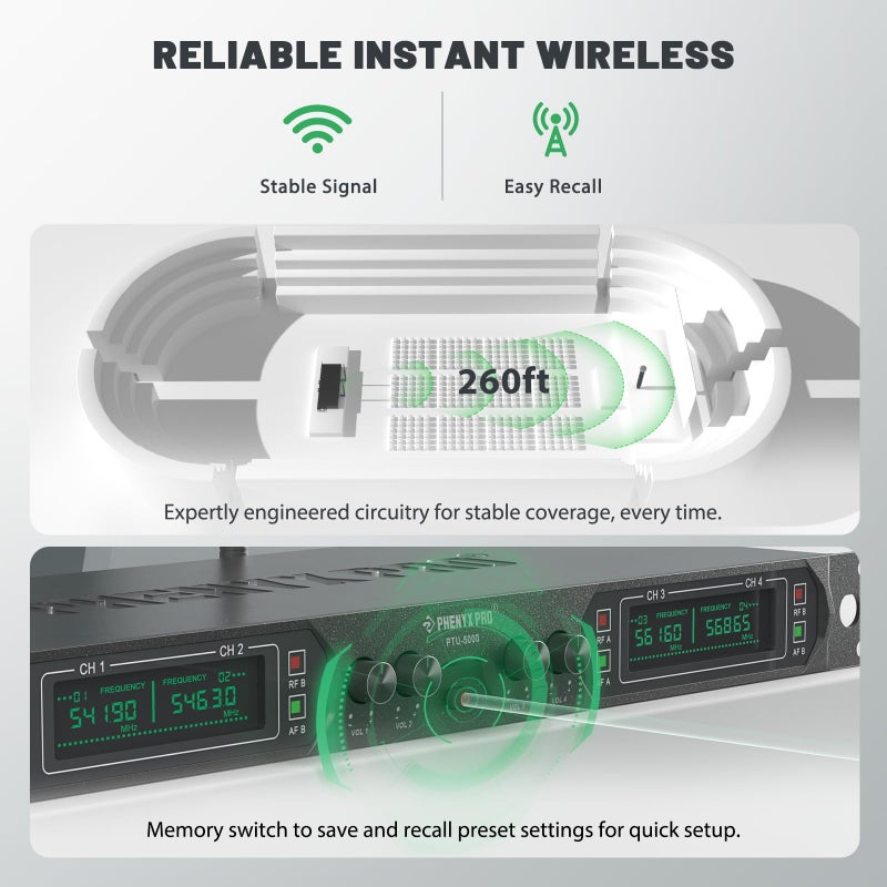 Phenyx Pro نظام ميكروفون لاسلكي فينيكس برو، ميكروفون لاسلكي UHF 4 قنوات، ميكروفون لاسلكي معدني بتردد ثابت مع 4 ميكروفونات ديناميكية محمولة، مدى 260 قدم، ميكروفونات للغناء، كنيسة (PTU-5000-4H) - Image 5