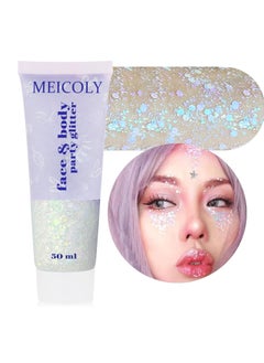 MEICOLY MEICOLY Chameleon Iridescent White Body Glitter, Chunky Face Glitter Paint, Color Changing Mermaid Face Glitter Gel, Opal Glitter Sequin for Body Hair, Halloween Festival Party Cheer Makeup, 50ml  - Image 1