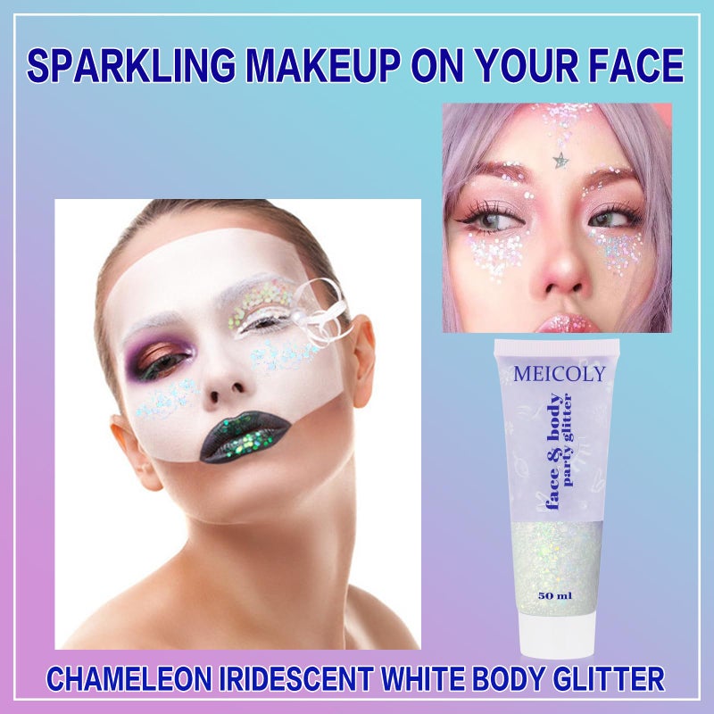 MEICOLY Chameleon Iridescent White Body Glitter,Halloween Face Glitter Paint Ice Themed Aerial Performance,Color Changing Mermaid Face Glitter,Opal Glitter for Body Hair,Festival Party Cheer Makeup - Image 5