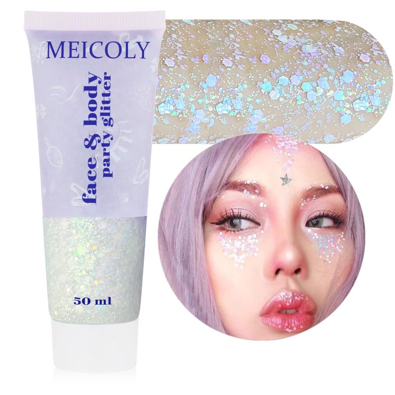 MEICOLY Chameleon Iridescent White Body Glitter,Halloween Face Glitter Paint Ice Themed Aerial Performance,Color Changing Mermaid Face Glitter,Opal Glitter for Body Hair,Festival Party Cheer Makeup - Image 1