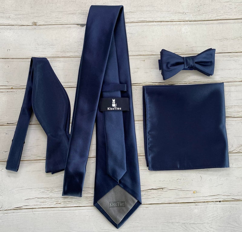 KissTies Marine Tie Navy Blue Solid Satin Necktie Ties For Men + Gift Box - Image 5