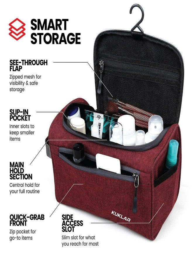 KUKLAR Large Travel Toiletry Bag for Men, Water-Resistant Canvas Dopp Kit with Front Zipper Pocket, Portable Bathroom Hygiene & Grooming Organizer Bag for Vacation & Gym(Maroon) - Image 4