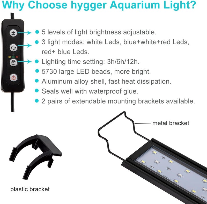 Hygger ضوء حوض السمك كامل الطيف 16 واط مع هيكل من سبائك الألومنيوم وحوامل قابلة للتعديل، LEDs بيضاء وزرقاء وحمراء، وحدة تحكم خارجية، لحوض سمك المياه العذبة (24-30 بوصة) - Image 2