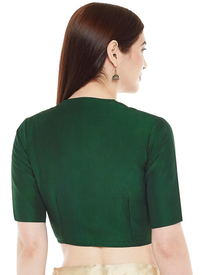 Studio Shringaar Women's Polyester Readymade Soft Solid Colored Saree Blouse with Short Sleeves(Bottle Green, 34) - Image 2