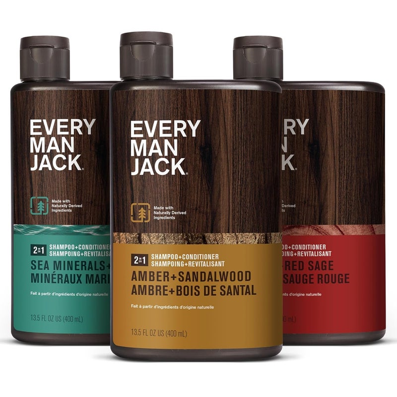 Every Man Jack Men's 2-in-1 Daily Shampoo + Conditioner Variety Pack - Includes 3 Outdoor Inspired Scents Scents - Amber + Sandalwood, Cedar + Red Sage, Sea Minerals + Citron, 13.5 oz (3 Pack) - Image 1