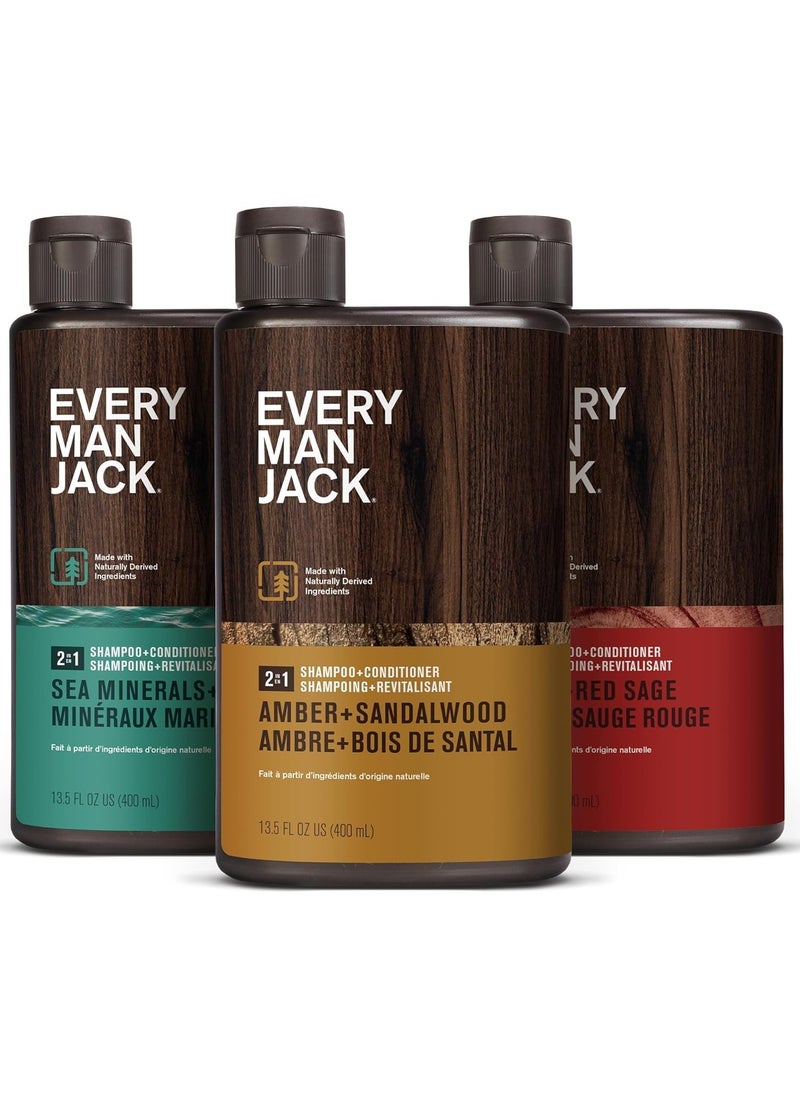 Every Man Jack - Every Man Jack Men's 2-in-1 Daily Shampoo + Conditioner Variety Pack - Includes 3 Outdoor Inspired Scents Scents - Amber + Sandalwood, Cedar + Red Sage, Sea Minerals + Citron, 13.5 oz (3 Pack) - Image 1