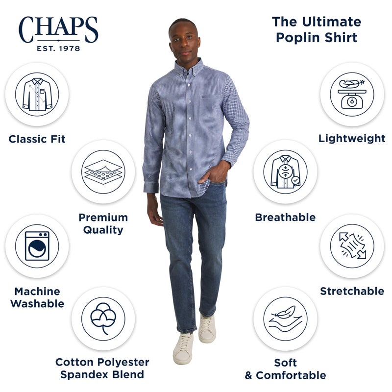 Chaps تشابس قميص رجالي كلاسيكي بقصة مريحة بأكمام طويلة وأزرار قابل للتمدد من بوبلين كاجوال، أزرق ملكي، كبير - Image 4