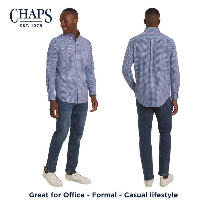 Chaps تشابس قميص رجالي كلاسيكي بقصة مريحة بأكمام طويلة وأزرار قابل للتمدد من بوبلين كاجوال، أزرق ملكي، كبير - Image 3