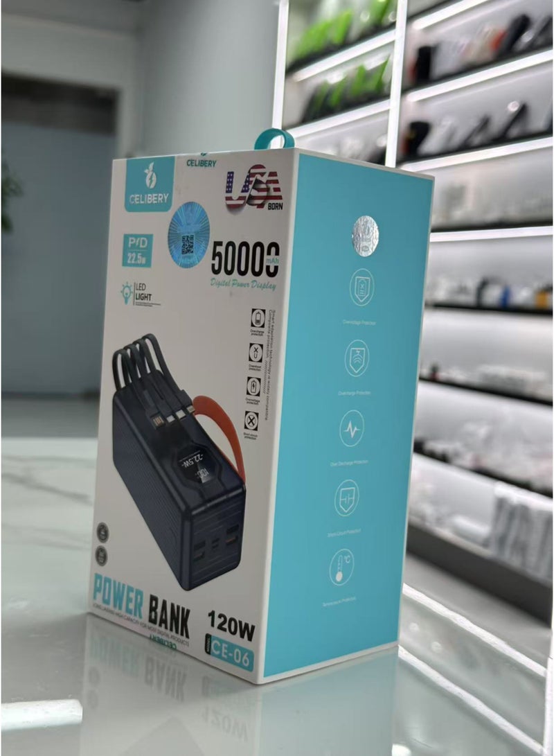 CELIBERY CE-06  50000mAh Dual-Ports Power Bank with LED Light and 22.5W PD Fast Charging – 120W Output, Built-in Cables, Black - Image 2