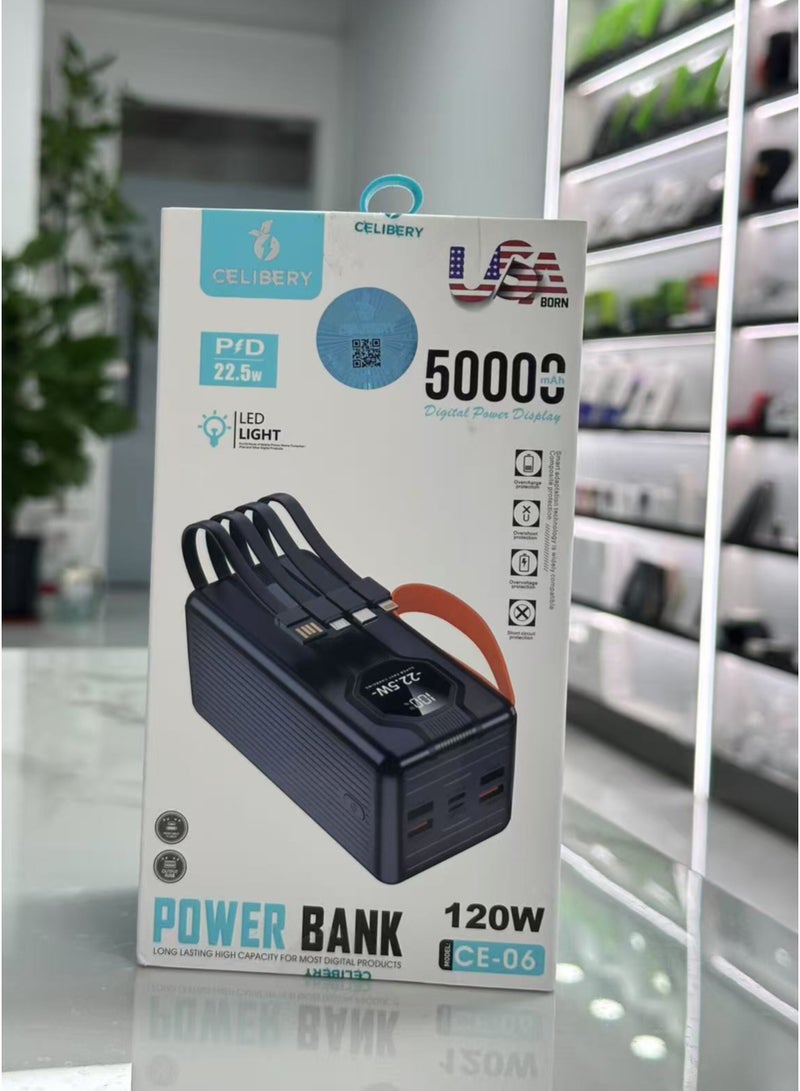 CELIBERY CE-06  50000mAh Dual-Ports Power Bank with LED Light and 22.5W PD Fast Charging – 120W Output, Built-in Cables, Black - Image 3