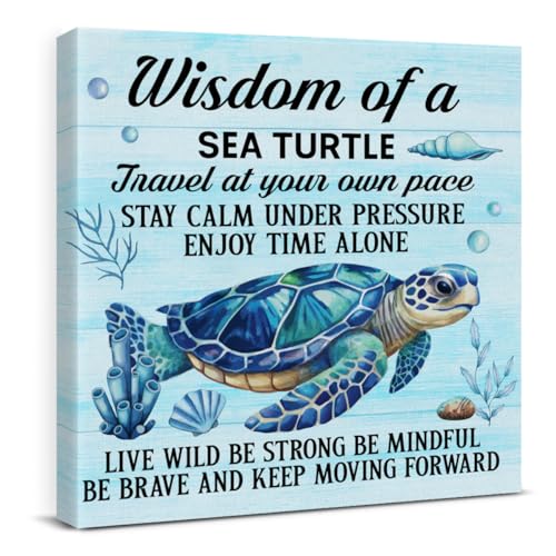 VAHATAN Sea Turtle Decor Inspirational Wall Decor for Office Bedroom Living Room Bathroom Home Decorations, Sea Turtle Wall Art Gifts for Turtles Lovers, Framed Posters Beach Themed Decoration, 8 x 8 Inches - Image 1