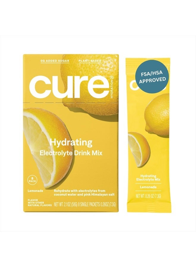 Cure Hydration Plant-Based Electrolyte Drink Mix | No Added Sugar | FSA & HSA | Dehydration Relief Powder Made with Coconut Water | Non-GMO | Vegan | Box of 8 Packets - Lemonade - Image 1