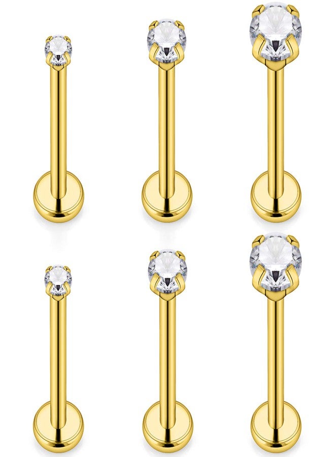 SCERRING 3 Pairs 14g Stainless Steel 2mm 3mm 4mm Prong Setting Clear CZ Internally Threaded Labret Monroe Lip Tragus Daith Cartilage Helix Earring Ring Body Piercing Jewelry 8mm - Gold - Image 1