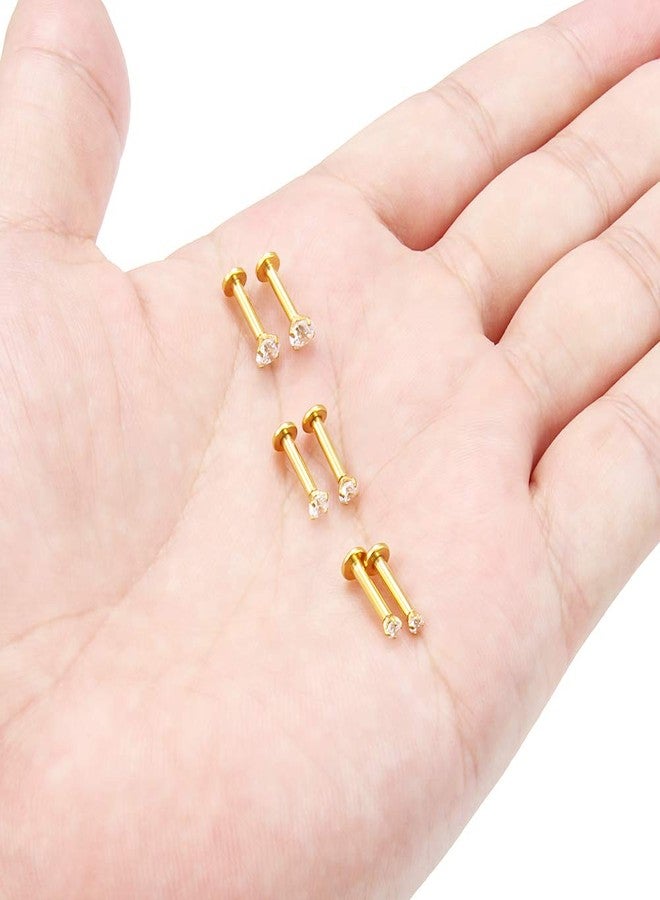 SCERRING 3 Pairs 14g Stainless Steel 2mm 3mm 4mm Prong Setting Clear CZ Internally Threaded Labret Monroe Lip Tragus Daith Cartilage Helix Earring Ring Body Piercing Jewelry 8mm - Gold - Image 3