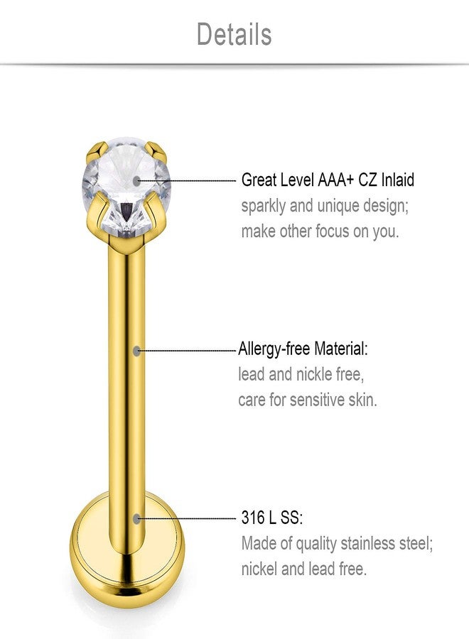 SCERRING 3 Pairs 14g Stainless Steel 2mm 3mm 4mm Prong Setting Clear CZ Internally Threaded Labret Monroe Lip Tragus Daith Cartilage Helix Earring Ring Body Piercing Jewelry 8mm - Gold - Image 2