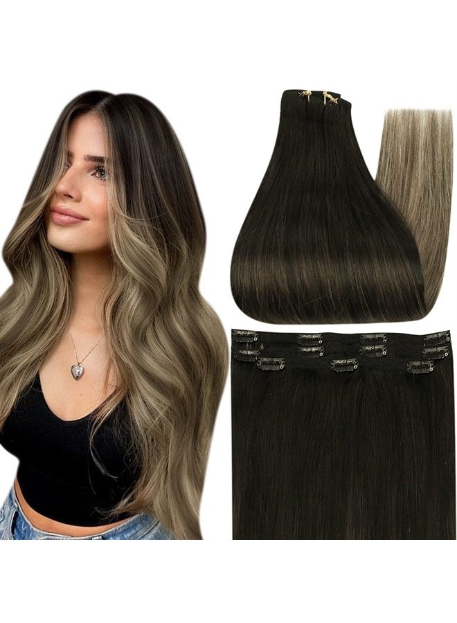 Full Shine إضافات شعر بلاك روتس بشري مع مشابك شعر ريمي بلون بالياج 3 قطع 60 جرام أومبري بني مع أشقر عسل شعر مستقيم مشابك - Image 1