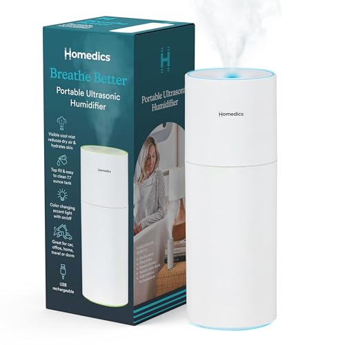 Homedics Portable Humidifier - Small Air Humidifiers for Bedroom, Plants, Office, Travel - Cool Mist Humidifiers, Color-Changing Accent Light, 2 Mist Settings, White - Image 1