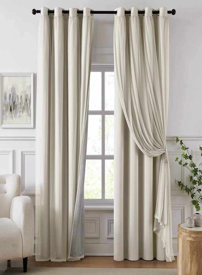 Swandream 100% Blackout Curtains for Bedroom, Double Layer Ivory Curtains, Black Out Curtain 96 inch Long with Sheer Overlay for Living Room, Room Darkening Window Drapes with Grommet, 52" W x 96" L - Image 1