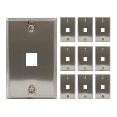 ICC 1Port Keystone Wall Plate 10 Pack UL Listed Stainless Steel with Hanging Standoffs Single Gang Wall Plate for RJ45 RJ11RJ12 6P6C Jack Brushed Finish - Image 1