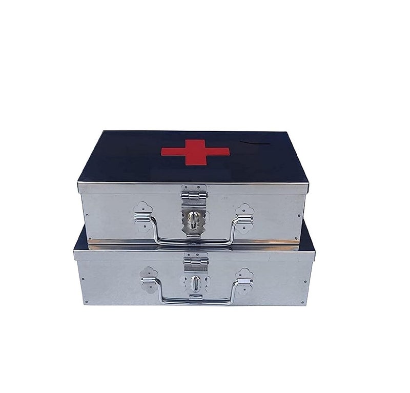 GvanyS Stainless Steel Rectangular Empty Medicines StorageFirst Aid Box For all use Set of 2 pic Silver color 1st 9 inch 2nd10 inch - Image 1