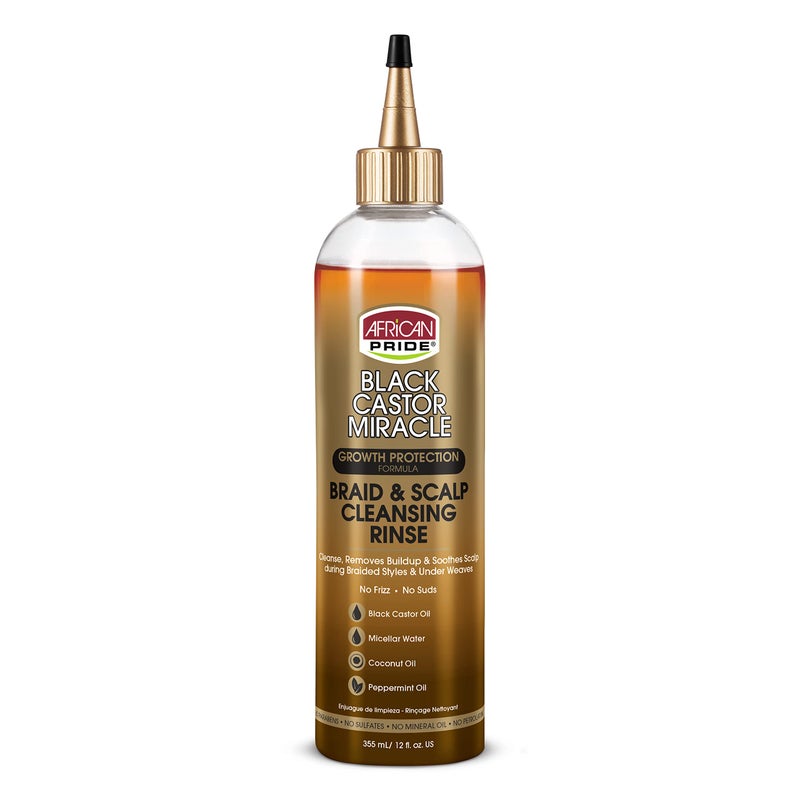 African Pride Black Castor Miracle Braid & Scalp Cleansing Rinse - Removes Hair Build Up & Soothes Scalp, No Frizz, Contains Black Castor Oil, Micellar Water, Coconut Oil, Peppermint Oil, 12 oz - Image 1