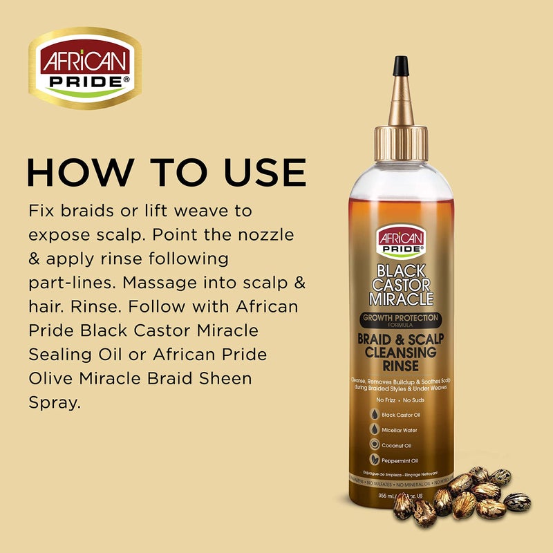 African Pride Black Castor Miracle Braid & Scalp Cleansing Rinse - Removes Hair Build Up & Soothes Scalp, No Frizz, Contains Black Castor Oil, Micellar Water, Coconut Oil, Peppermint Oil, 12 oz - Image 3