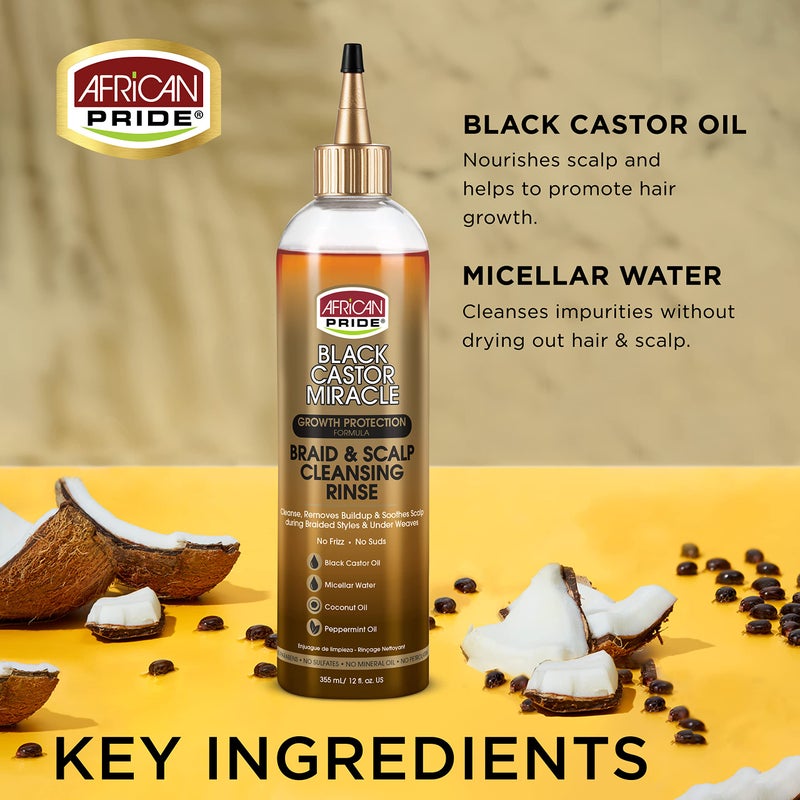 African Pride Black Castor Miracle Braid & Scalp Cleansing Rinse - Removes Hair Build Up & Soothes Scalp, No Frizz, Contains Black Castor Oil, Micellar Water, Coconut Oil, Peppermint Oil, 12 oz - Image 4