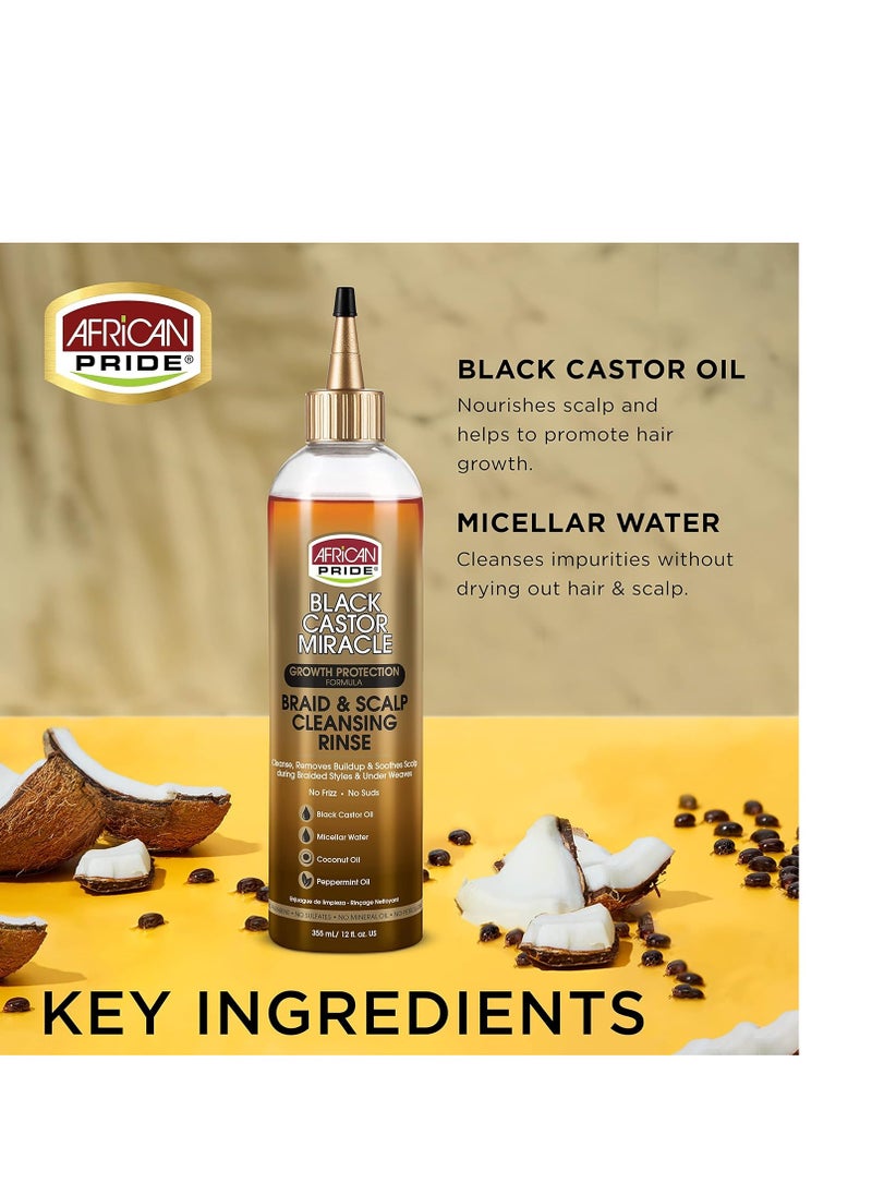 African Pride - African Pride Black Castor Miracle Braid & Scalp Cleansing Rinse - Removes Hair Build Up & Soothes Scalp, No Frizz, Contains Black Castor Oil, Micellar Water, Coconut Oil, Peppermint Oil, 12 oz - Image 1