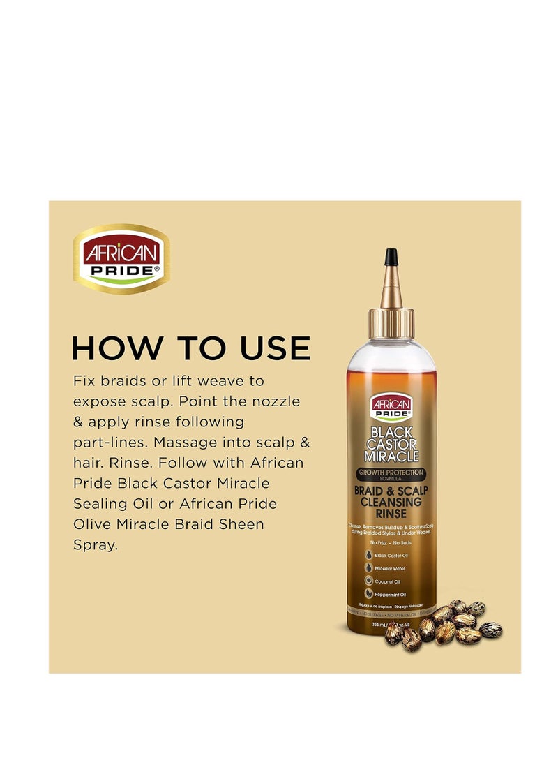 African Pride - African Pride Black Castor Miracle Braid & Scalp Cleansing Rinse - Removes Hair Build Up & Soothes Scalp, No Frizz, Contains Black Castor Oil, Micellar Water, Coconut Oil, Peppermint Oil, 12 oz - Image 1