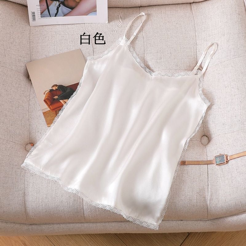 All-Match Lightweight Mulberry Silk Base Sling Anti-Penetration And Anti-Running Silk Inner Shirt Loose Belly-Covering Slimming Short Top - Image 1