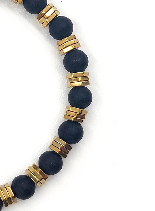كريسوستوموس Handmade Leather Bracelet for Men with Natural Black Onyx and Gold Hematite
