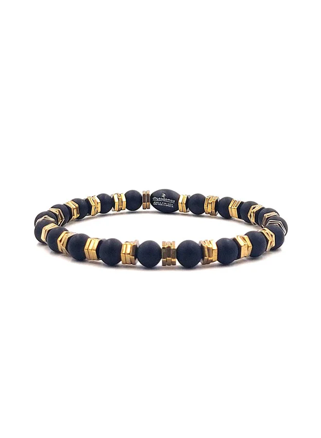 كريسوستوموس Handmade Leather Bracelet for Men with Natural Black Onyx and Gold Hematite