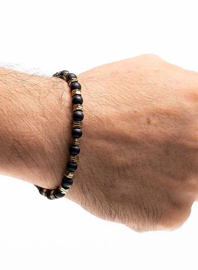 كريسوستوموس Handmade Leather Bracelet for Men with Natural Black Onyx and Gold Hematite