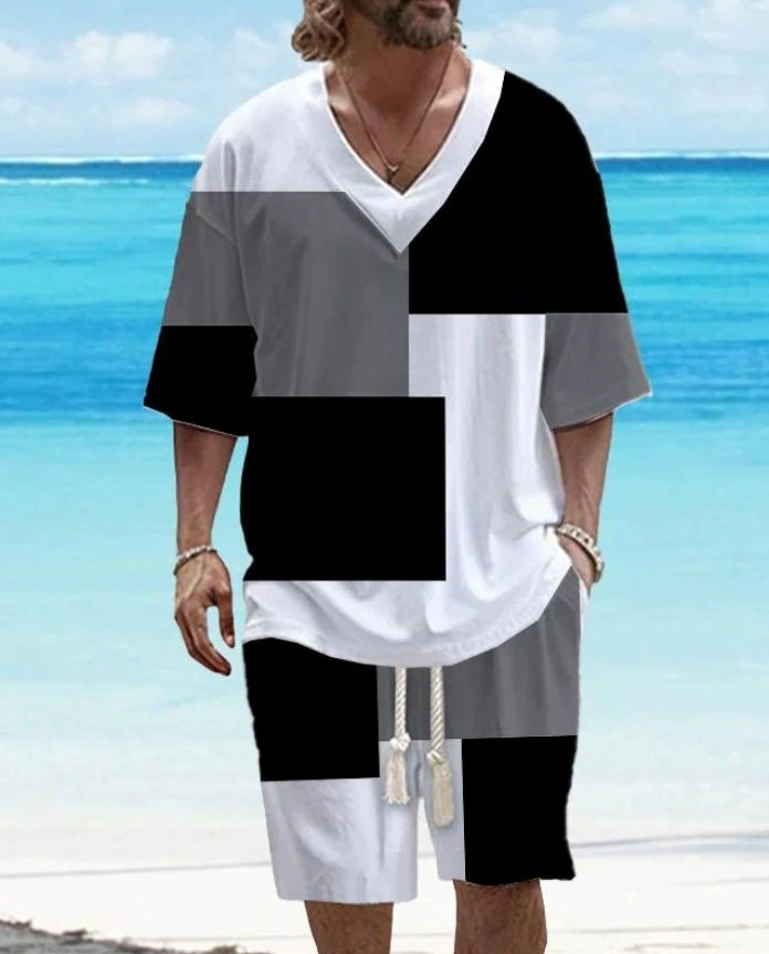 Summer Loose Short-Sleeved Knitwear, Shorts, V-Neck Sports Suit, Two-Piece Set