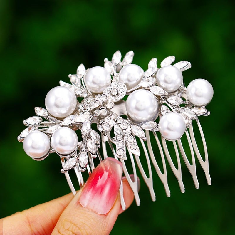Foyte Crystal Wedding Hair Comb Pearl Bride Headpiece Silver Rhinestone Hair Piece Bridal Side Hair Accessories for Women