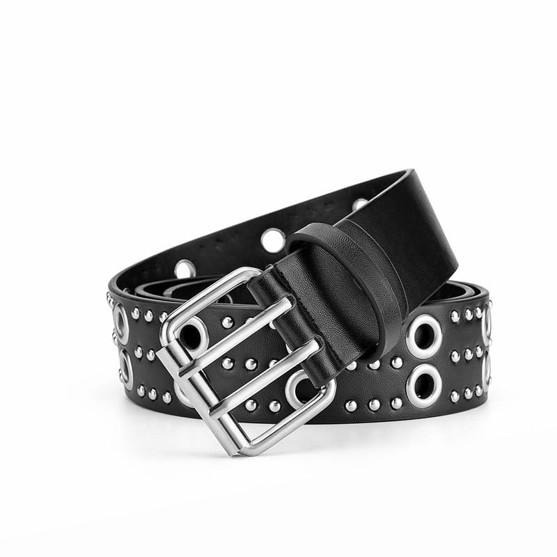 TYHOTULY Y2k Punk Studded PU Leather Belt Women Men Goth Emo Grunge Rock Double Buckle Belt Western Jean Clothes Accessories (Black) - Image 3
