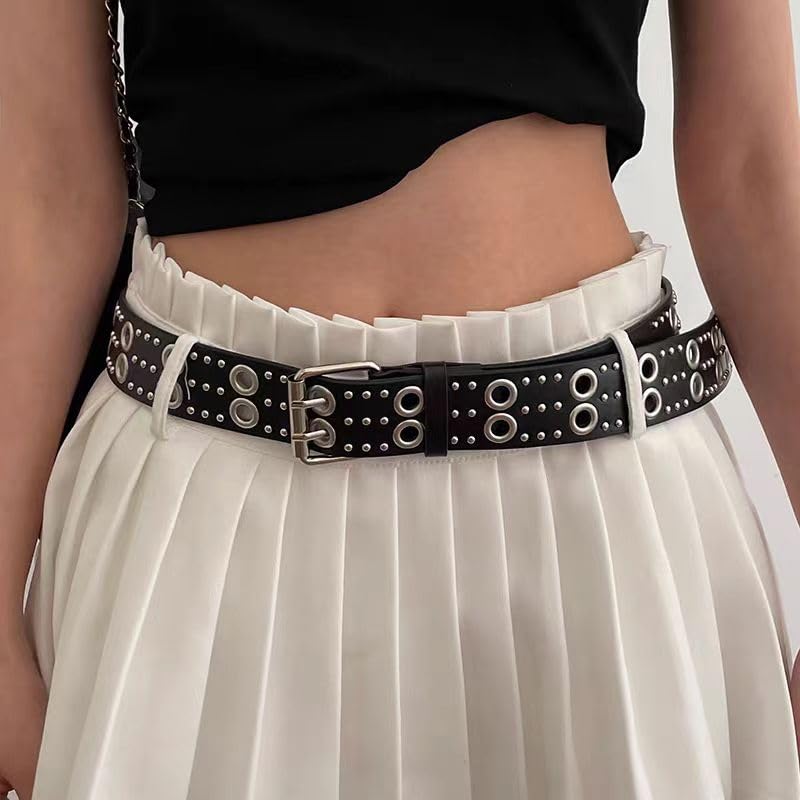 TYHOTULY Y2k Punk Studded PU Leather Belt Women Men Goth Emo Grunge Rock Double Buckle Belt Western Jean Clothes Accessories (Black) - Image 4