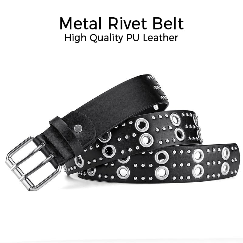 TYHOTULY Y2k Punk Studded PU Leather Belt Women Men Goth Emo Grunge Rock Double Buckle Belt Western Jean Clothes Accessories (Black) - Image 2