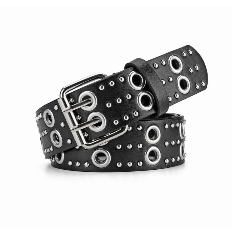 TYHOTULY Y2k Punk Studded PU Leather Belt Women Men Goth Emo Grunge Rock Double Buckle Belt Western Jean Clothes Accessories (Black) - Image 1